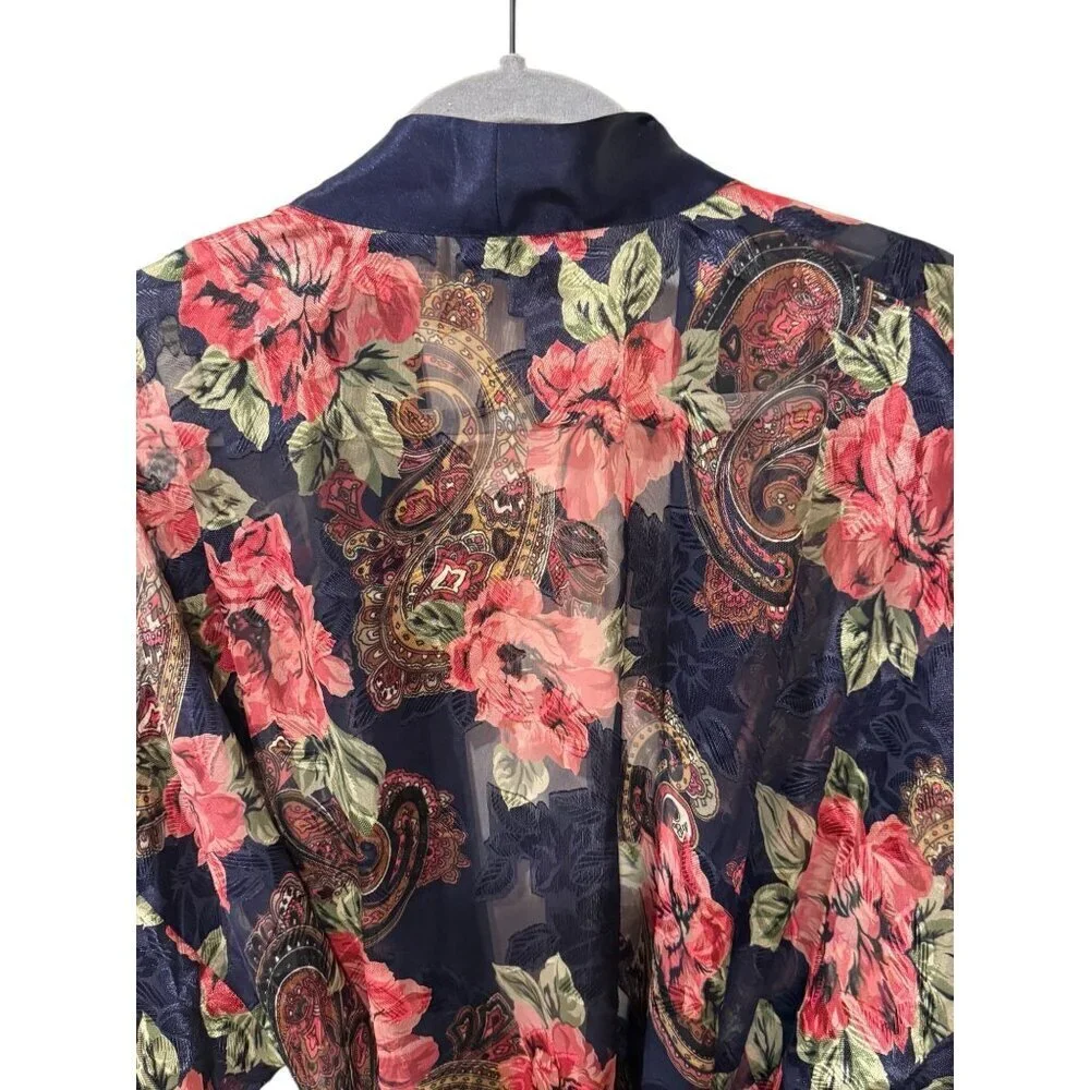 Vintage Gold Tag Victorias Secret Floral Paisley Robe With Waist Tie Navy/Red OS